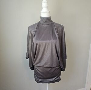 Gray Shimmer Dolman Sleeve High Neck Mini Dress